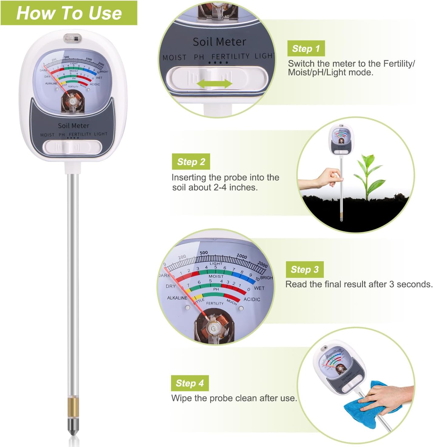 HSLGOVE 4-in-1 Soil Test Kit – Soil Moisture Meter, pH, Fertility & Sun-Light, No Battery Required, Large Dial Soil Tester for Indoor & Outdoor Gardening, Lawn, Farm – Brightwhite