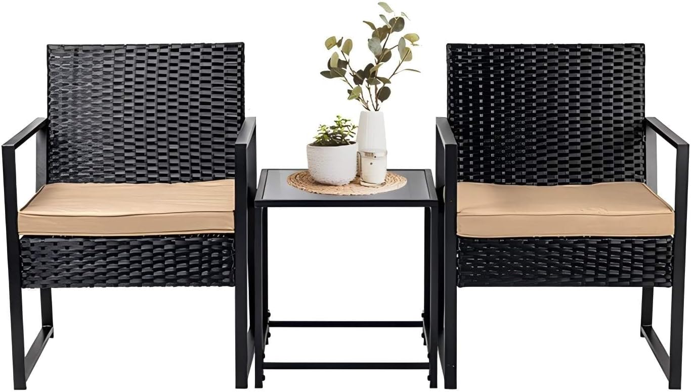 Patio Furniture Set,Wicker Bistro Set 3 Pieces Outdoor Furniture,Rattan Table and Patio Chairs Set for Balcony,Yard,Porch and Deck（Khaki