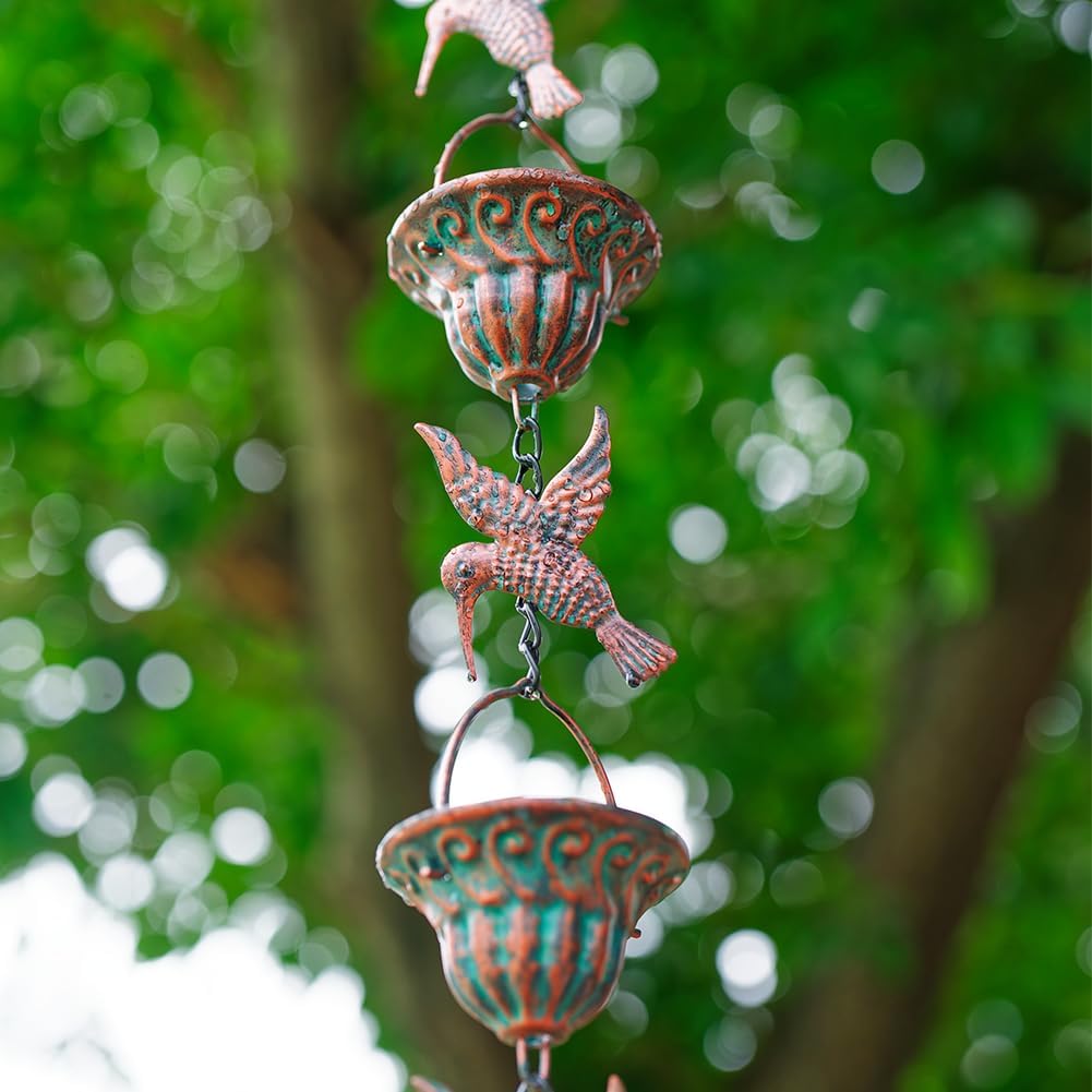 Rain Chain for Gutters, 8.7 Ft Rain Chains with 12 Cups & Detachable Hummingbird Decor, Adjustable Rain Catcher Chain with Bell for Eaves Drainage, Replacement for Downspout