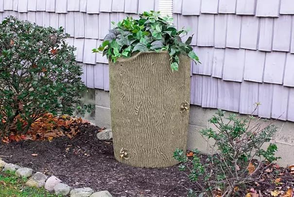 Impressions Bark 50-Gallon Rain Barrel, Wood Grain Design, Decorative Water Collection Tank (Sandstone)