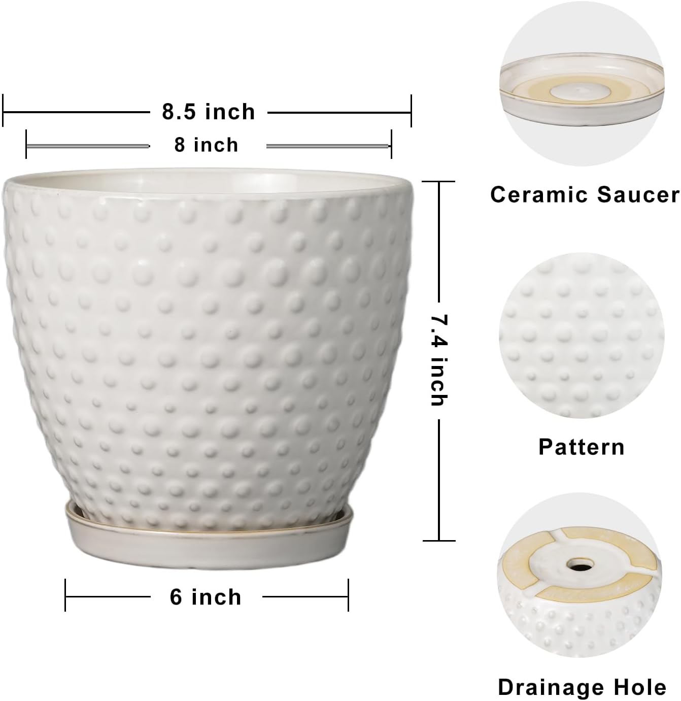 G EPGardening 8 Inch Plant Pot for Indoor Outdoor Plants Round Ceramic Planter Pot with Drainage Hole and Saucer Modern Large Flower Pot White