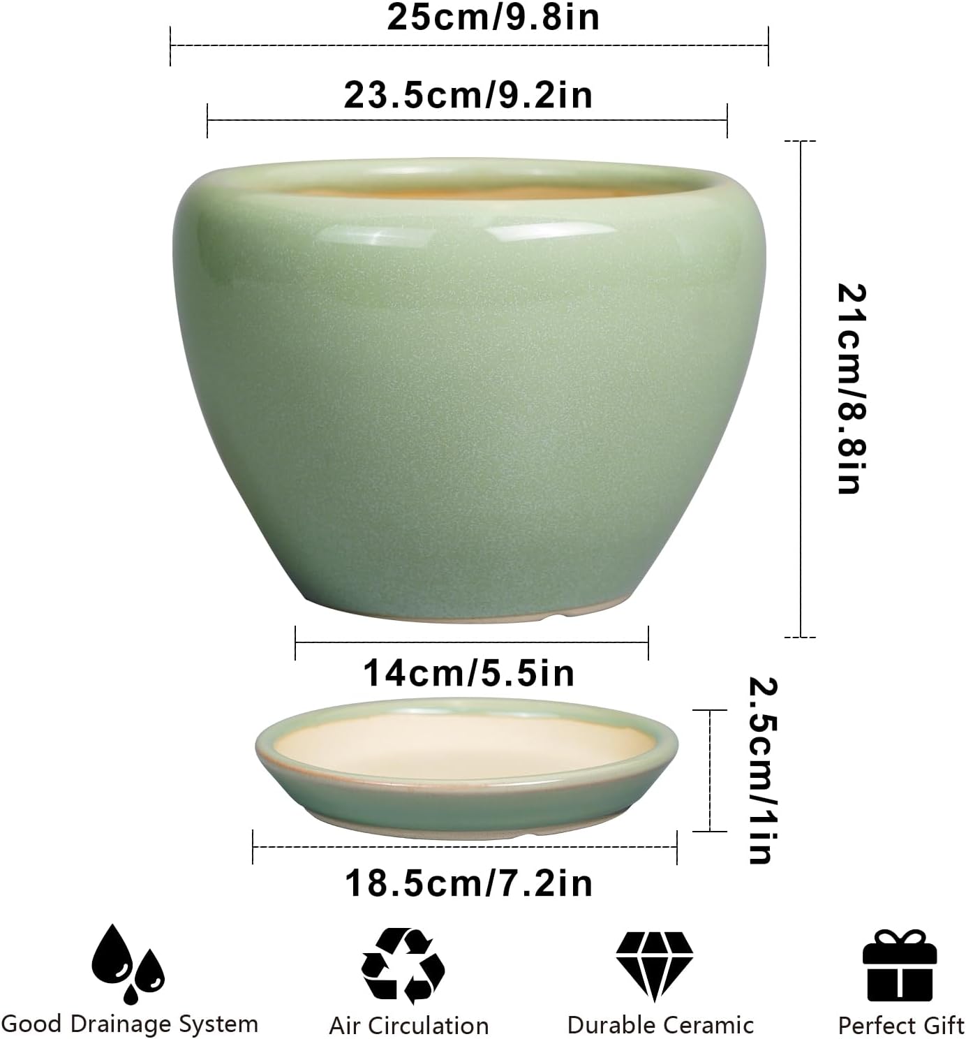 Ceramic Planter Pot - 10 Inch Plant Pot for Indoor Plants Decorative Planter with Drainage Hole and Saucer Large Pot for Plants Outdoor Round Flower Pot for Garden Green