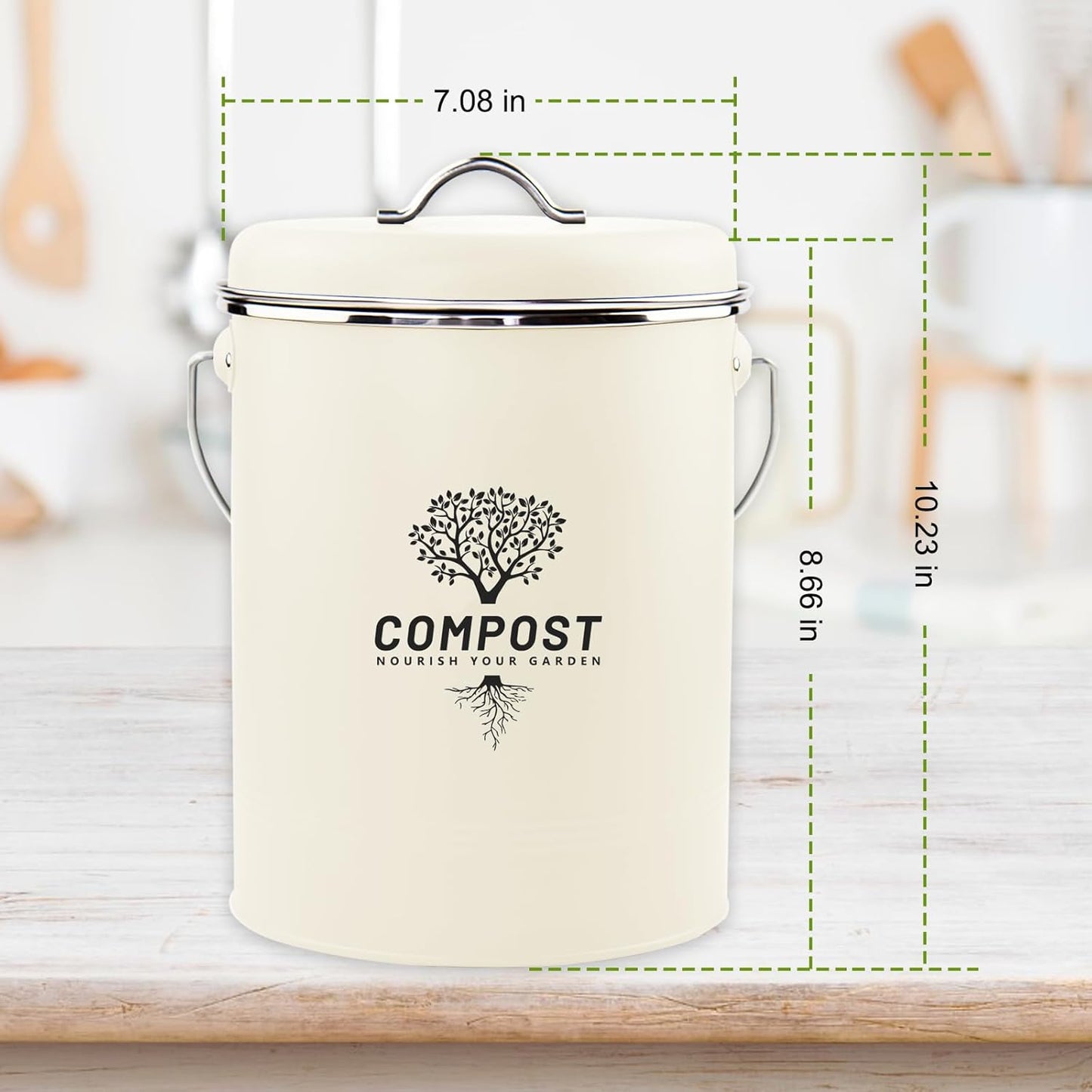 Kitchen Countertop Compost Bin, Odor Resistant Indoor Compost Bin with Lid and Charcoal Filter, Rust Resistant Coated Compost Bucket, Compost Container, Cream