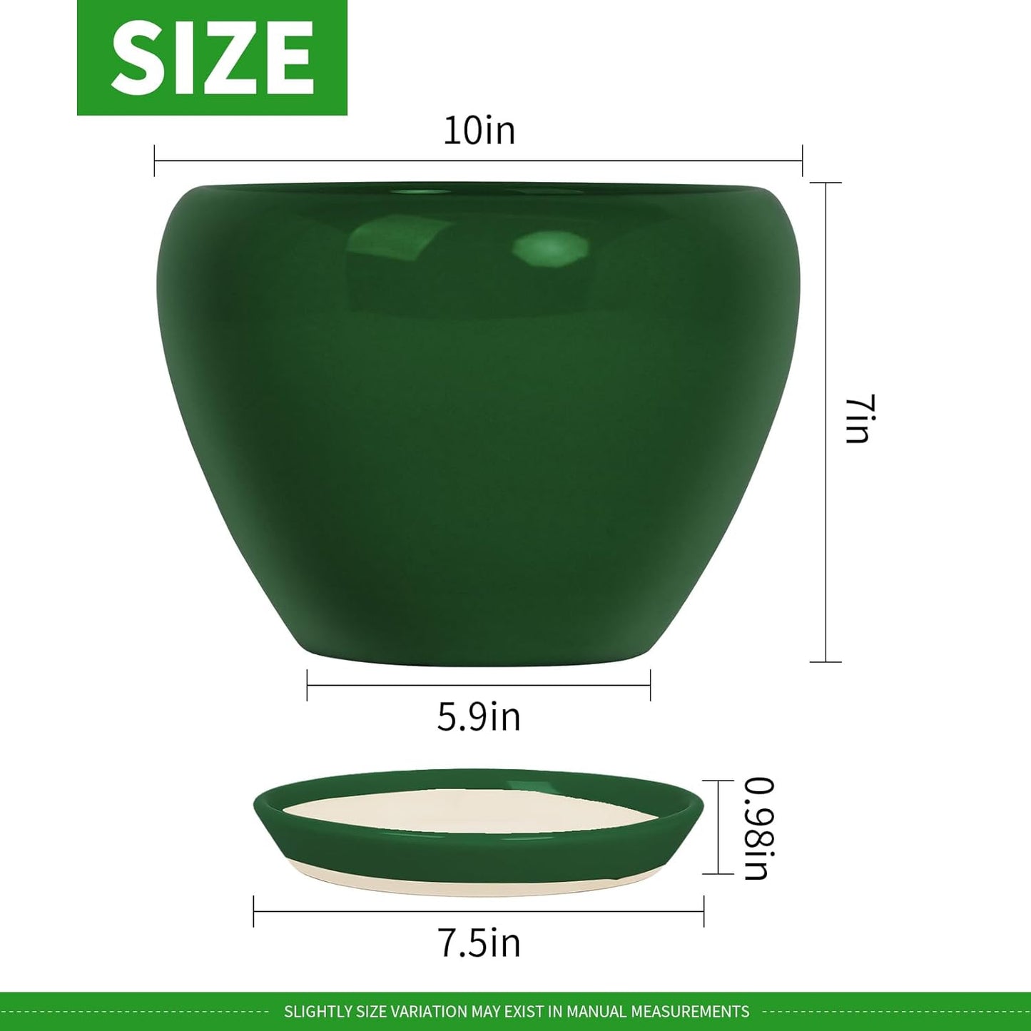 Deep Dream 10 Inch Plant Pot- Ceramic Planter Pot Round Plant Pots for Indoor Plants Outdoor Large Flower Pot with Drainage Holes & Trays, Green