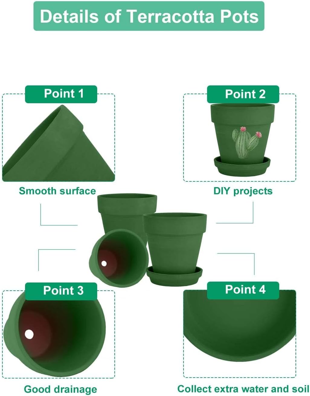 vensovo 6 Inch Green Terracotta & Clay Pots for Plant with Saucer - 4 Pack Medium Terra Cotta Planter with Drainage Hole, Flowerpot for Indoor Outdoor Plants, Crafts, Wedding Favor