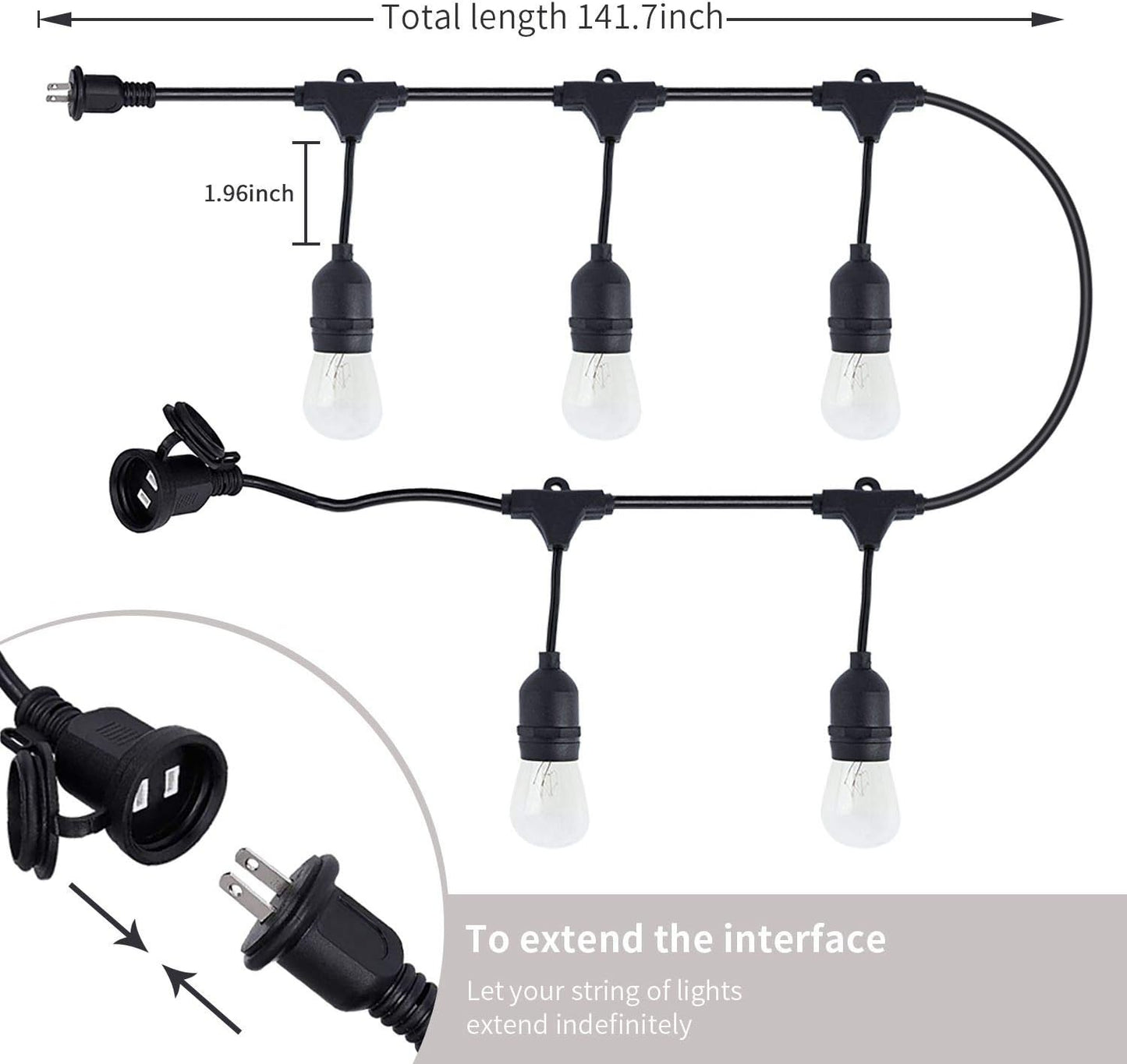 FRIDEKO HOME Waterproof Outdoor String Lights - 12Ft Commercial Grade Patio Lights Heavy Duty Light String Hanging Light Fixture with 11W S14 Bulbs for Deckyard Garden Porch Party Decor