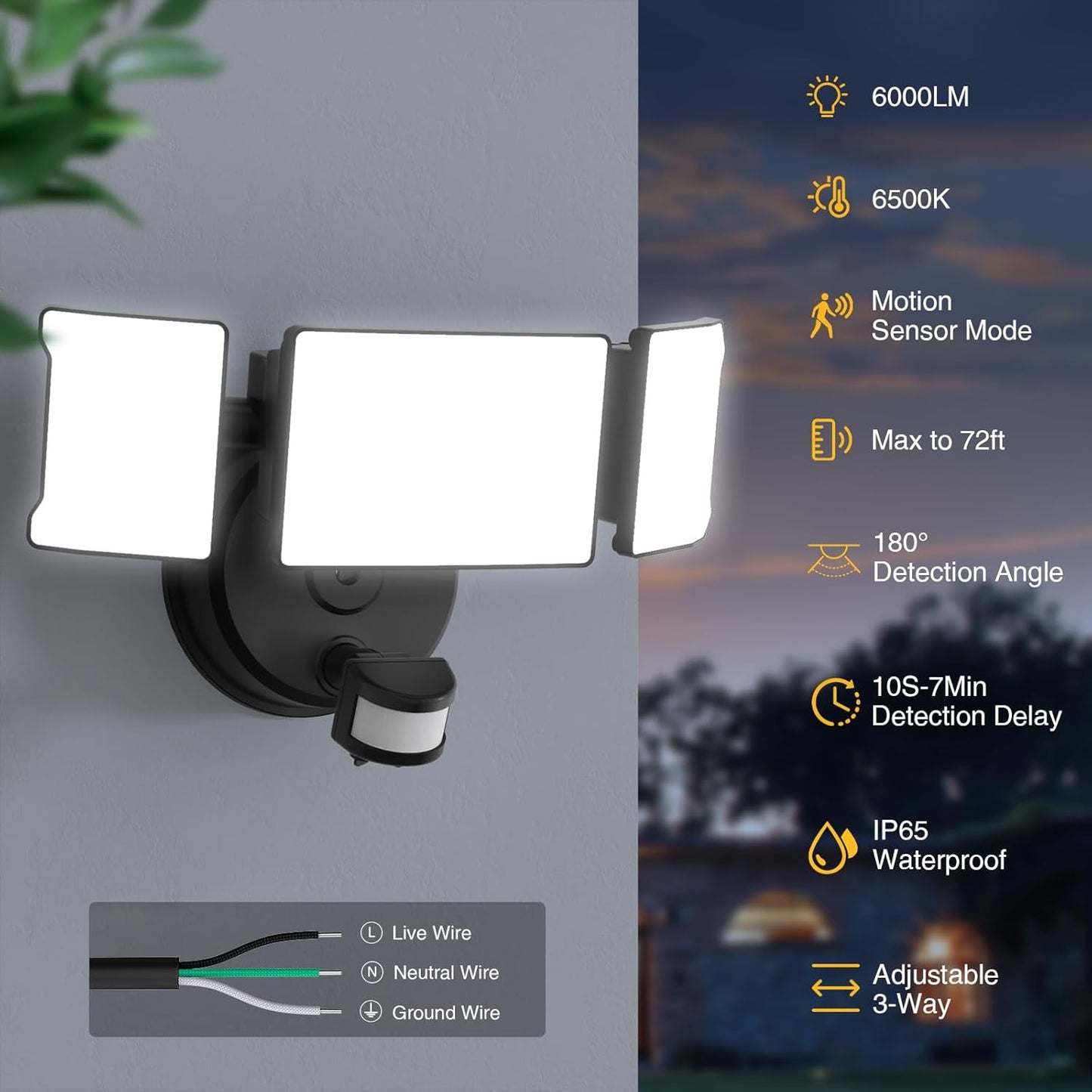 Onforu 65W Motion Sensor Outdoor Lights, 6000lm 6500K Daylight Flood Light Outdoor Motion Sensor, IP65 Waterproof Motion Detected Lights for Outside, Hardwired LED Security Light for Garage Yard