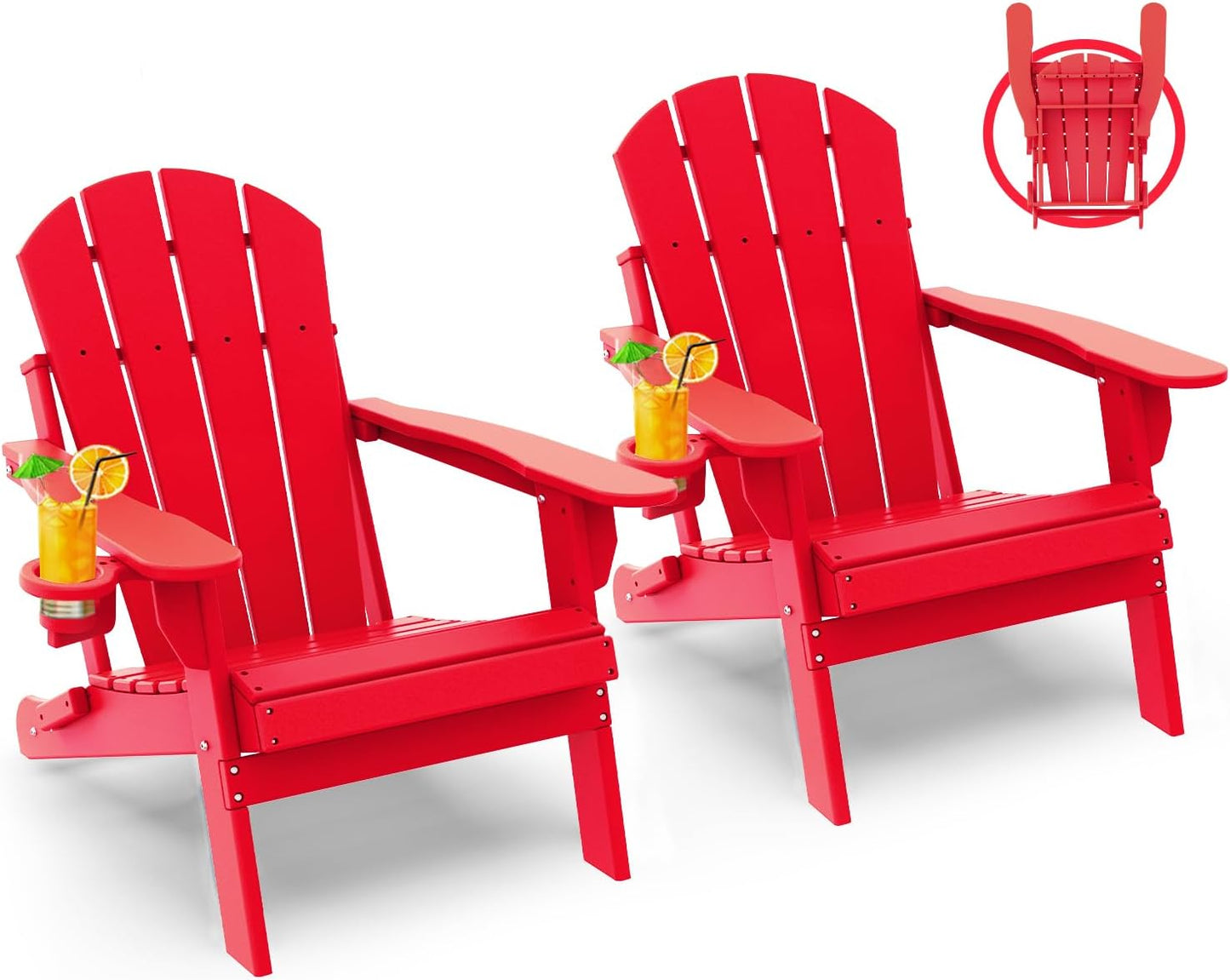 GREENVINES Folding-Adirondack-Chairs-Set-of-2 | HDPE Plastic | Fire Pit Chair | All Weather | Cup Holder | Red | for Deck Backyard Patio Outdoor Garden