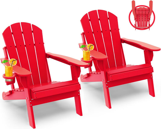 GREENVINES Folding-Adirondack-Chairs-Set-of-2 | HDPE Plastic | Fire Pit Chair | All Weather | Cup Holder | Red | for Deck Backyard Patio Outdoor Garden