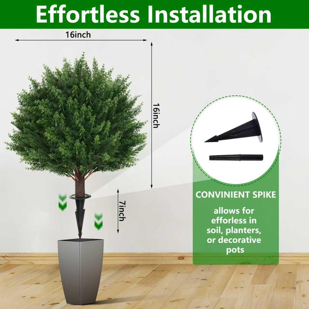 Artificial Set of 2 Cedar Topiary Ball Trees 16" for Outdoors with Ground Spike, UV Resistant Faux Cypress Plants, Evergreen Shrubs Bushes for Front Porch Garden Backyard Decor