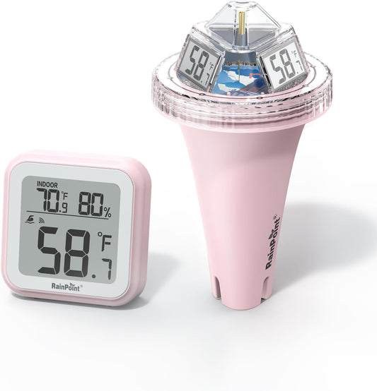 RAINPOINT Anti-Fog 360° Reading 3 Large Letters Displays Wireless Digital Pool Thermometer Floating,Dual-Layer IP68 Waterproofing Remote Temperature Monitor Easy Read Hot Tub SPA Inflatable Pool-Pink