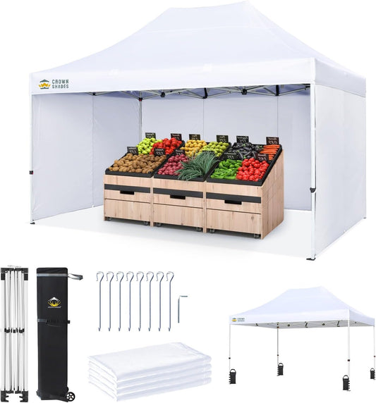 CROWN SHADES 10x15 Pop Up Canopy Tent, Thicken Frame Commercial Heavy Duty Tent, 4 Sidewalls 8 Stakes & 4 Sandbags & 4 Ropes, Outdoor Canopies for Events, Parties,White