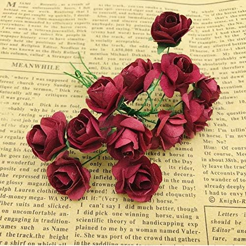 Mini Fake Rose Flower Heads 144pcs Mini Artificial Mulberry Paper Roses Flower with Wire Stem DIY Wedding Flowers Accessories Make Bridal Hair Clips Headbands Dress (Burgundy)