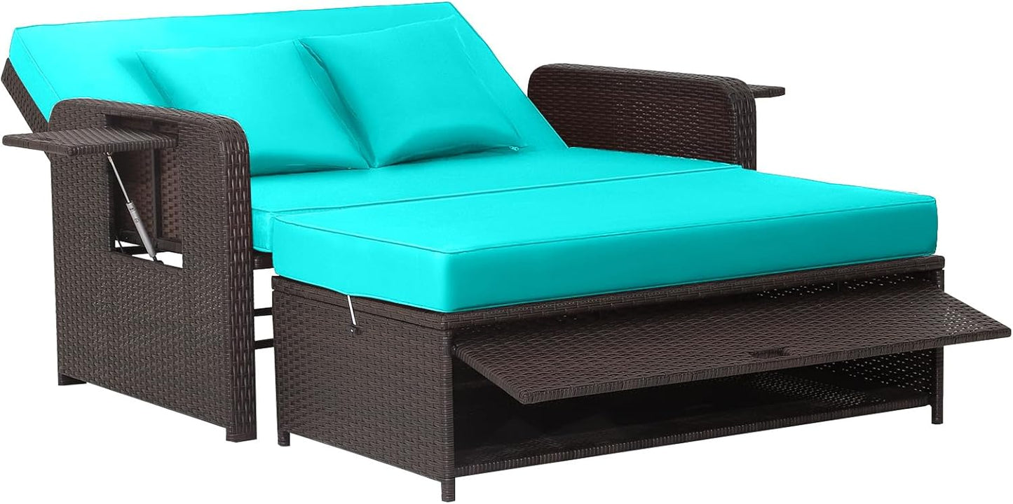 Tangkula Patio Rattan Daybed Set, Wicker Loveseat Sofa w/Multipurpose Ottoman & Retractable Side Tray, 4-Level Adjustable Backrest, Footstool w/Storage, Soft Cushion Included (Turquoise)