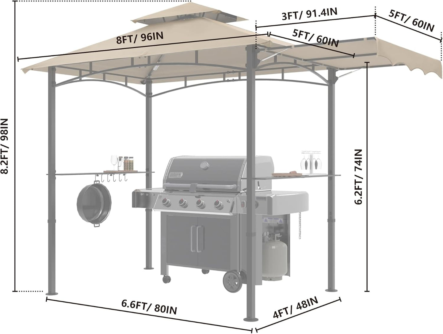 MASTERCANOPY 11 x 5 Grill Gazebo with Extra Side Awning Outdoor BBQ Gazebo with 2 LED Lights for Patio Party Backyard Picnic(Khaki)