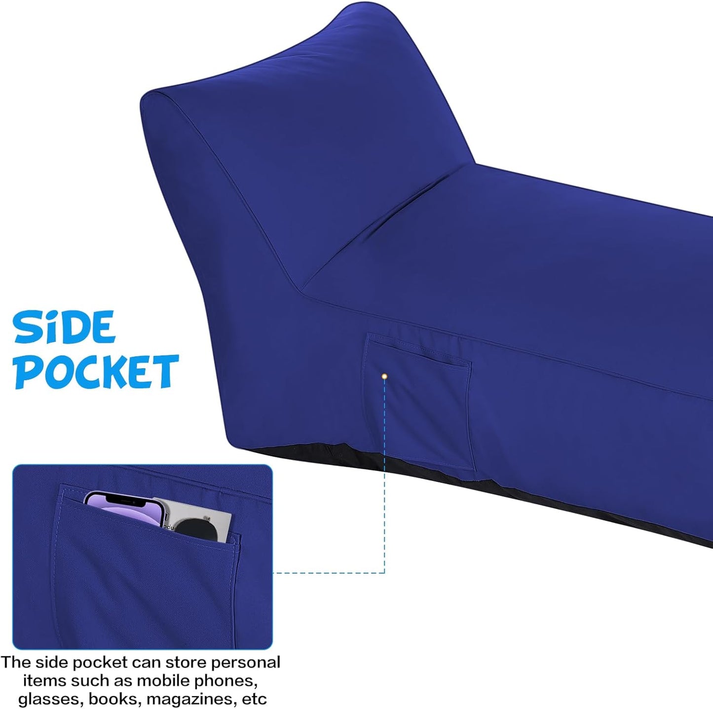 Outdoor Chaise Lounge Chair, Sunbed UV Resistant Sofa Couch Patio Furniture Waterproof Outside Sunlounge Reclining Sunbathing Bed Comfy Single Chaise Daybed for Garden, Pool, Beach, Navy Blue