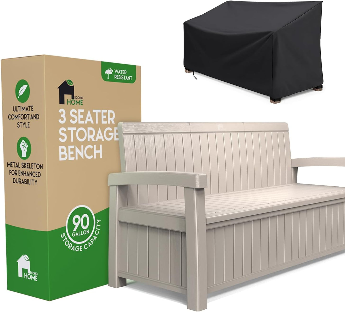 EconoHome 3 Seat Outdoor Storage Bench with Rain Cover - 90 Gallon Capacity - Weatherproof Resin Bench for Patio, Porch, Garden, Yard, Pool Area - Furniture for Pool Accessories, Gardening Tools