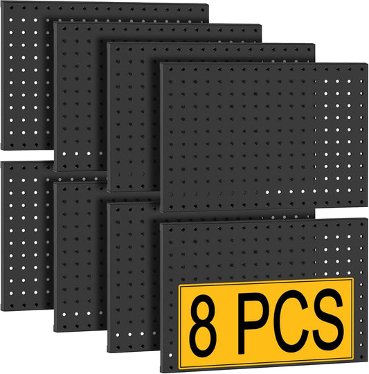8 Pcs Metal Pegboard Panels, Heavy Duty Peg Boards for Garage and Garden Tool Storage, Includes Drywall Anchors and Screws Kits, Black (8 pcs 16in x 12in)