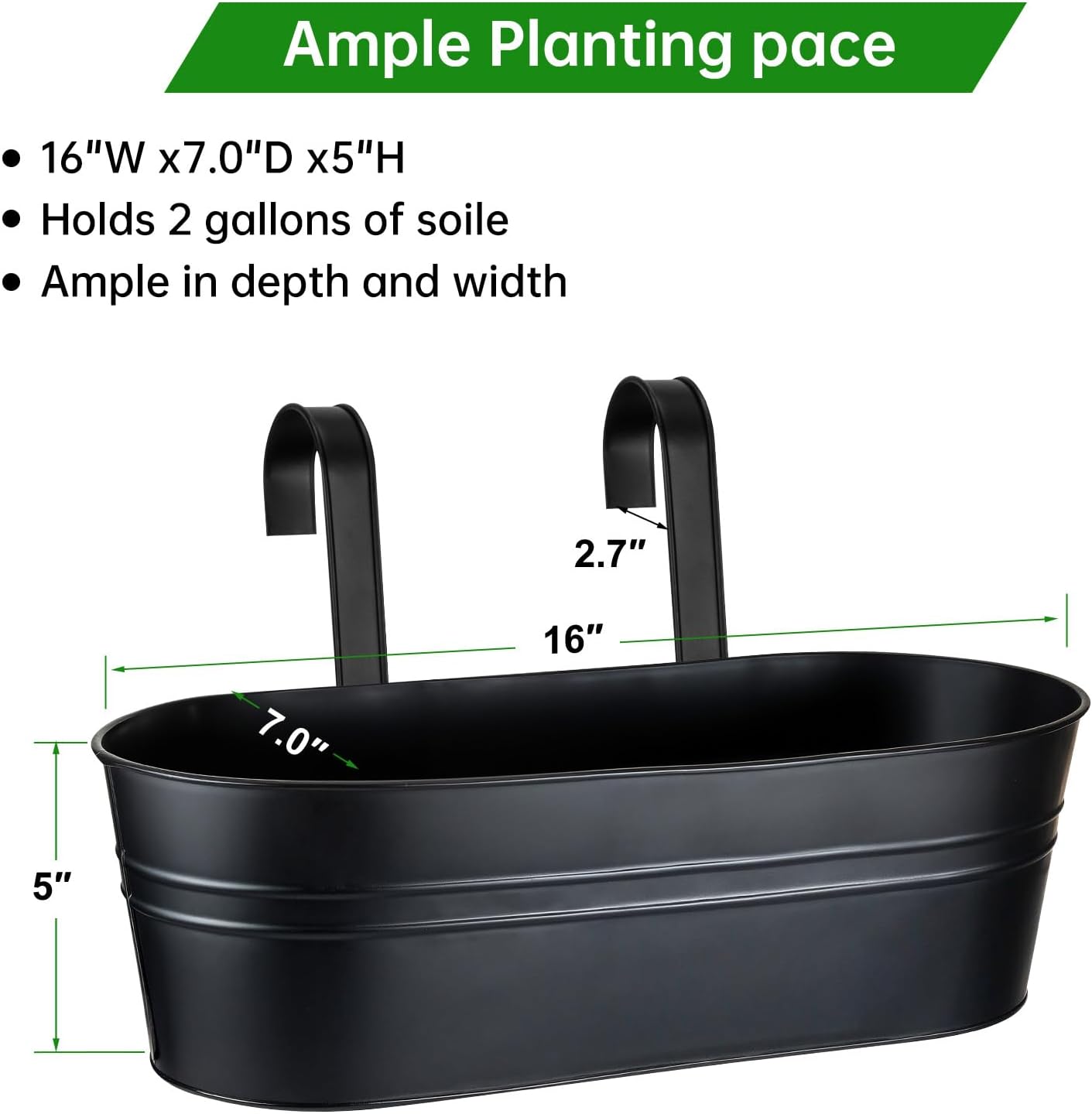 OGIMA Railing Planter Box, 3 Pack 16" Large Hanging Planters for Outdoor Plants with Adjustable Wide Hooks for 2.7'' Railings, Balcony Planters Railing Hanging for Deck, Fence & Patio Decor