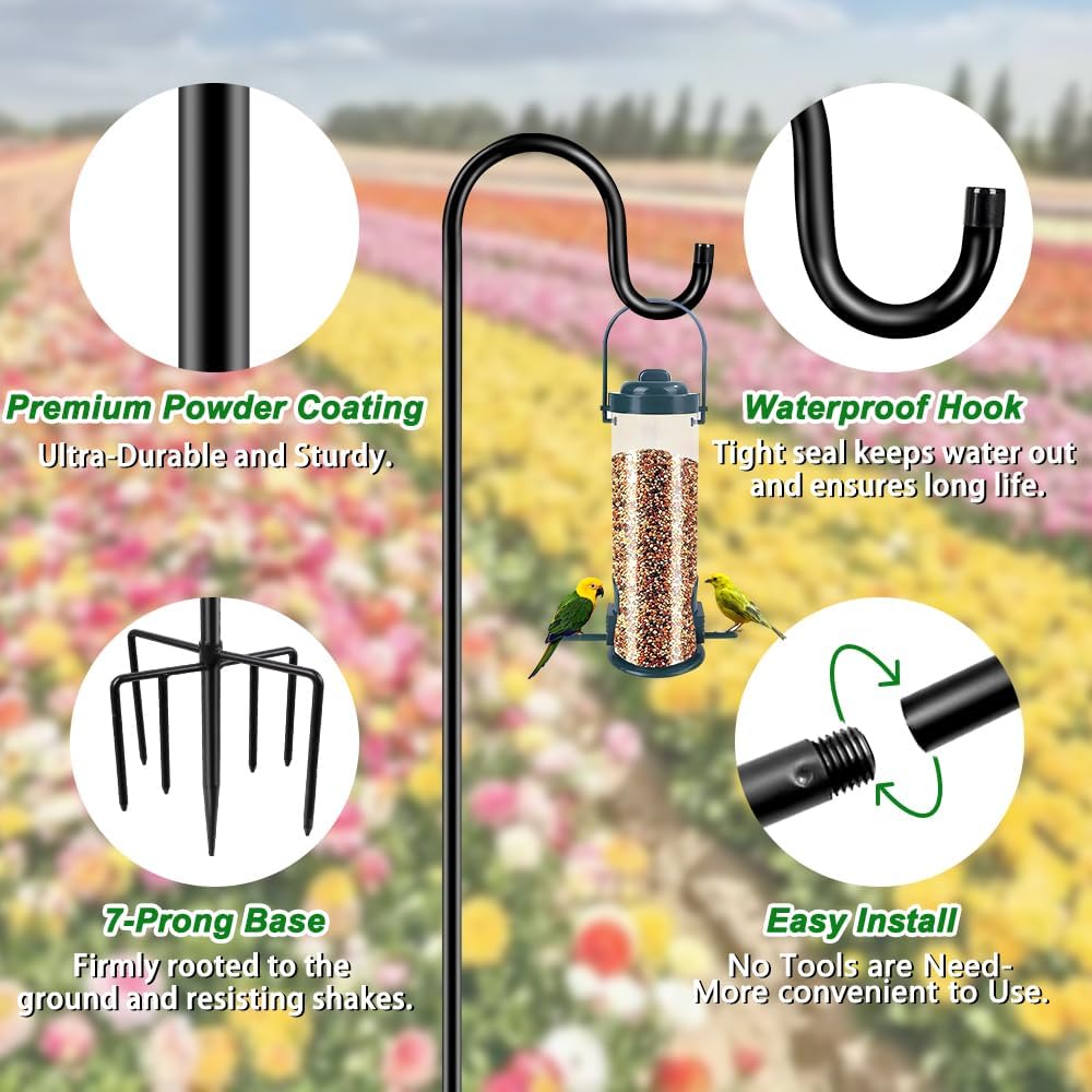 96" Shepherds Hooks for Outdoor, Heavy Duty Garden Bird Feeder Pole Hanging Bird Feeder, Solar Light Lanterns, Outdoor Plant Hanger Hook with 7 Base Prongs, 1 Pack