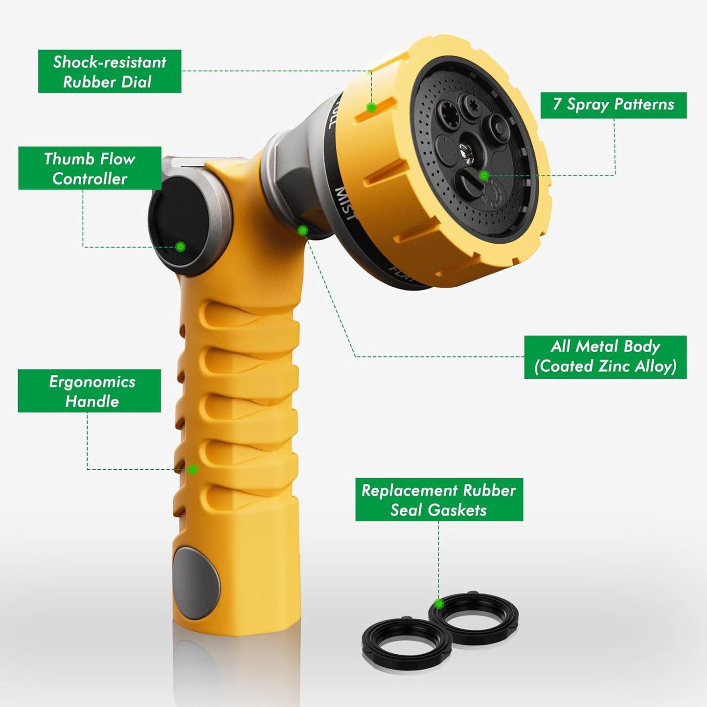 RESTMO Heavy Duty Hose Nozzle, Metal Garden Water Hose Sprayer with 7 Watering Patterns, Thumb Control, On Off Valve, High Pressure Nozzle Sprayer for Watering Plants, Car and Pet Washing, Yellow