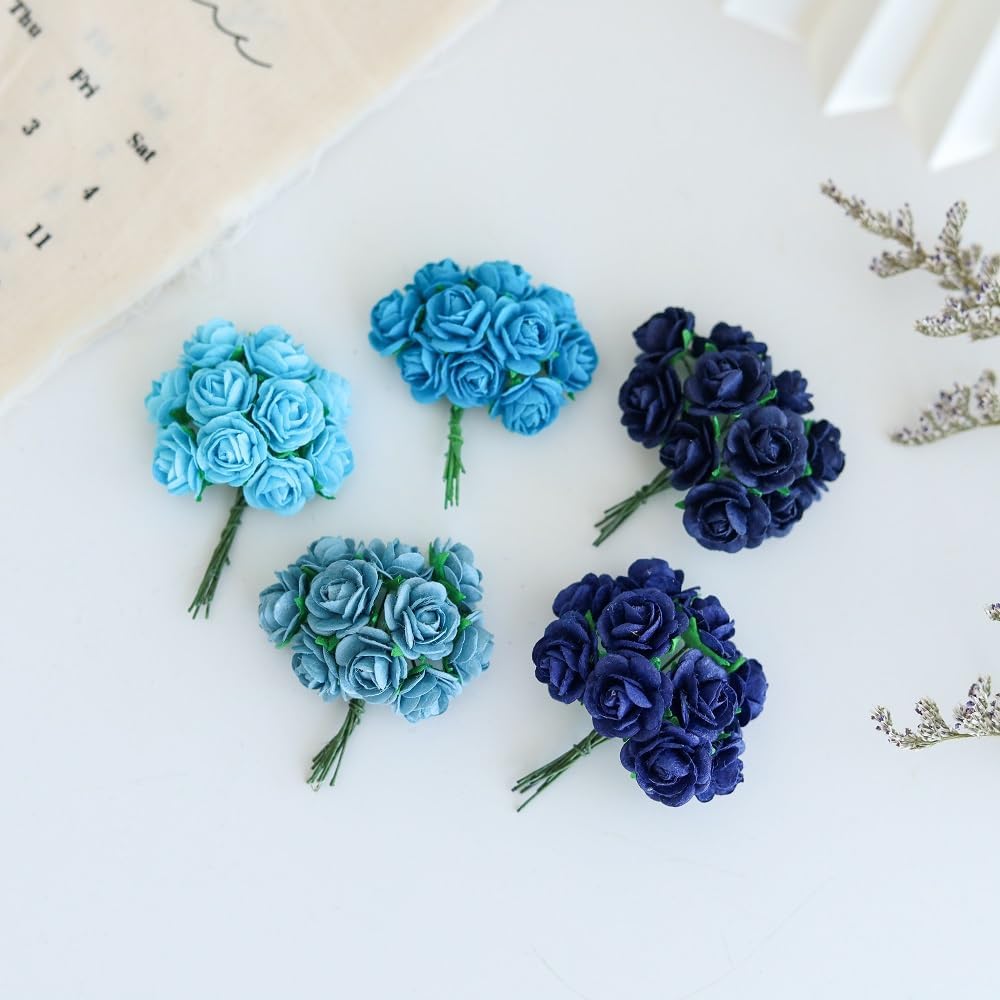 Handmade Mini Mulberry Paper Roses 18 mm Mulberry Paper Flowers Scrapbooking Wedding DIY Craft 50 pcs (Blue Tone)