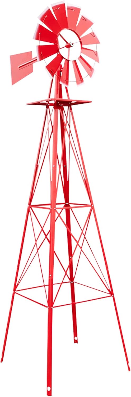 8ft Garden Windmill, Heavy Duty Durable Metal Weather Vane for Backyard, Ornamental Windmill for Yard Weather Resistant (Red, 8FT)