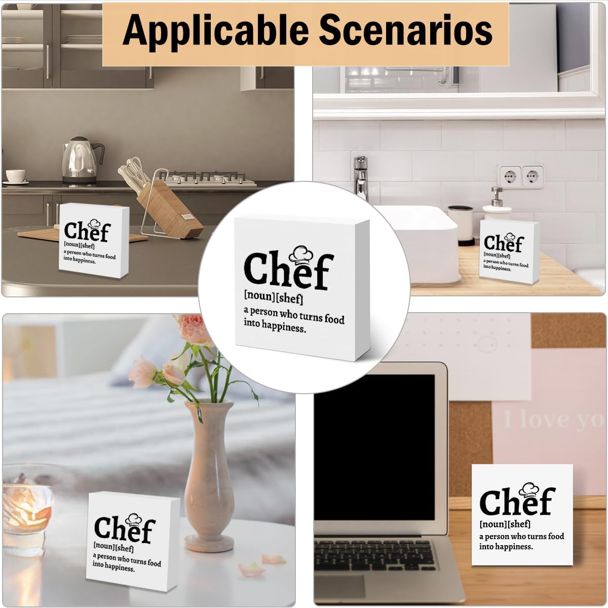 Kitchen Signs Wooden Box Sign, Chef Definition Quotes Wooden Signs, Chef Gift for Men Women, Kitchen Decor for Home Desk Shelf Tabletop 5 X 5 Inches