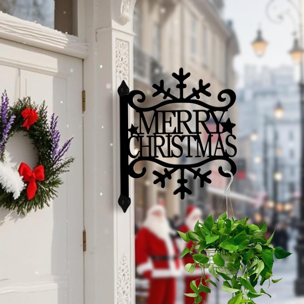 peacoblue Iron Plant Hangers Hooks for Outdoor Indoor Hanging Plants Flower Fern Pots Lantern Bird Feeder,11.5"x14.3" Weather Resistant Metal Wall Holder for Porch Garden Farmhouse(Merry Christmas)