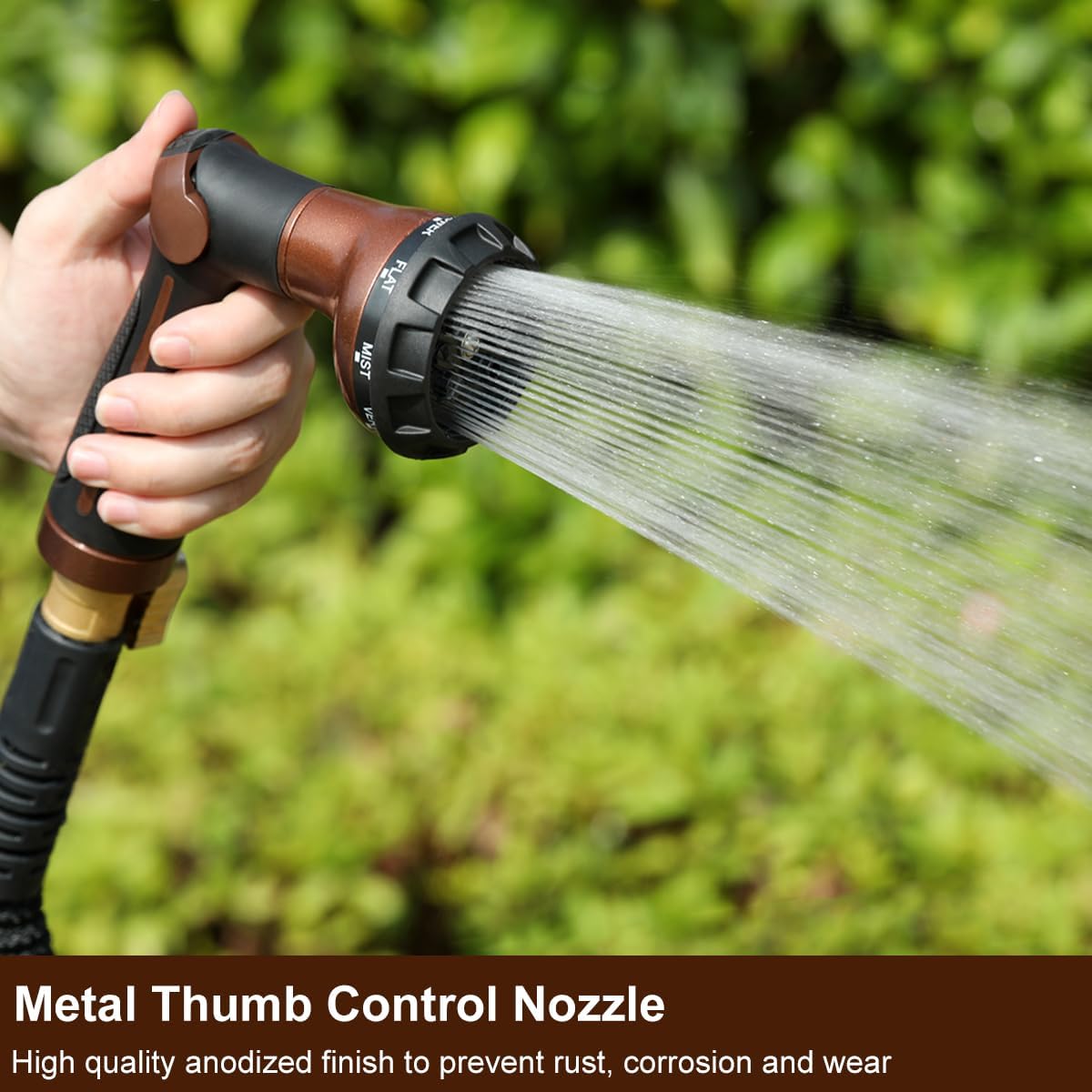 FANHAO Garden Hose Nozzle, 100% Heavy Duty Metal Water Hose Sprayer with 8 Spray Patterns, High Pressure Water Nozzle with Thumb Control, On Off Valve for Watering Plants, Washing Cars & Pets, Brown