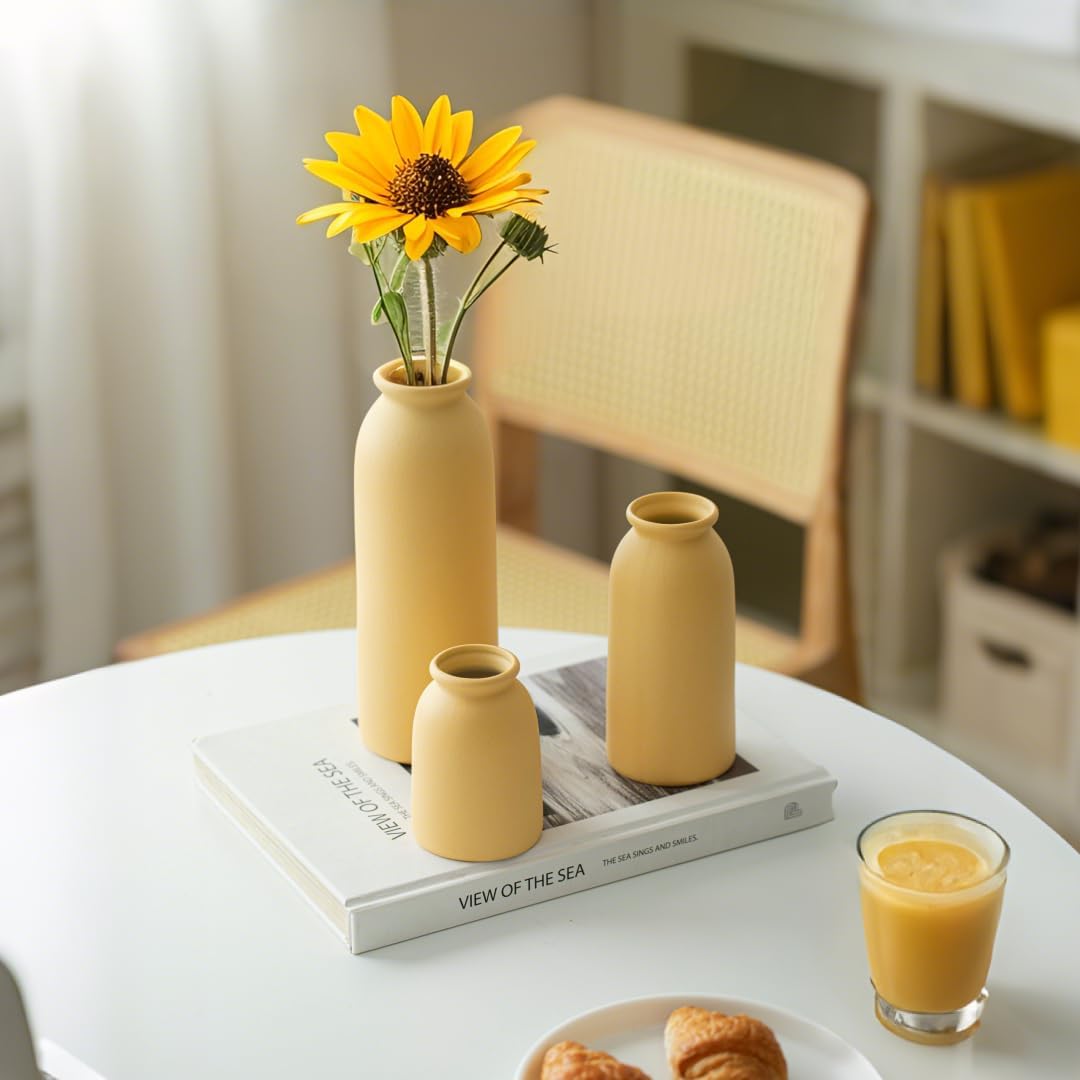 Ceramic Vase Set-3, Small Flower Vases for Decor, Modern Boho Farmhouse Style, Decorative Vases for Pampas Grass & Dried Flowers, Distressed Finish (Yellow)