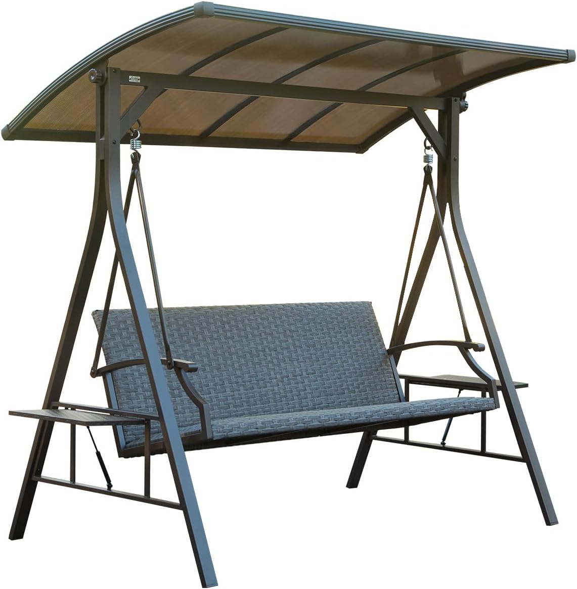 Domi 3-Seat Outdoor Porch Swing w/Adjustable Polycarbonate Hardtop and Side Table, Wicker Patio Swing Chair Bench with Steel Frame and Quick-Drying Foam Seat, Perfect for Backyard Garden and Lawn