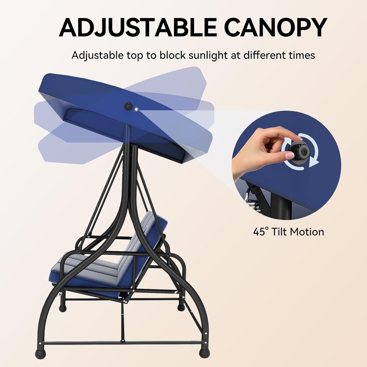 3-Seat Patio Swing Chair Outdoor Heavy Duty Steel Frame with Adjustable Canopy Removable Cushions - All Weather Porch Swings Glider for Backyard, Garden, Poolside - Navy Blue