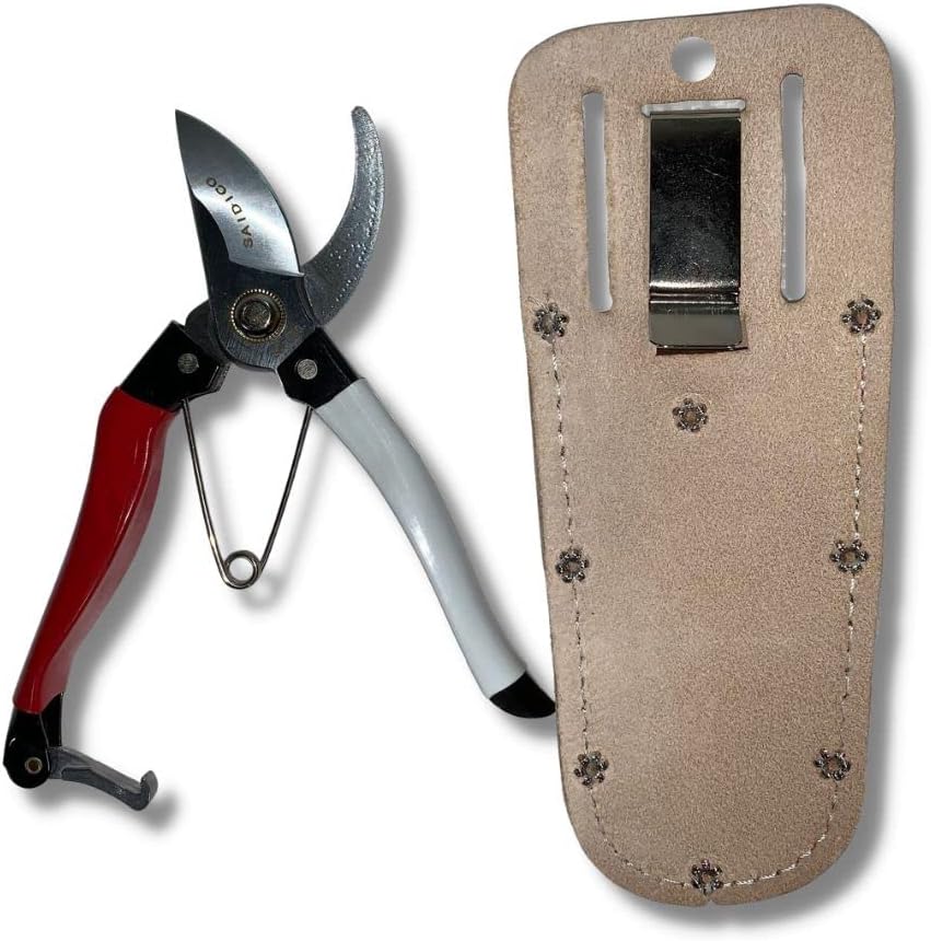 Professional Garden Pruners & Takumashii Leather Pruner Holster Kit, red, white, brown, (SD505KIT)