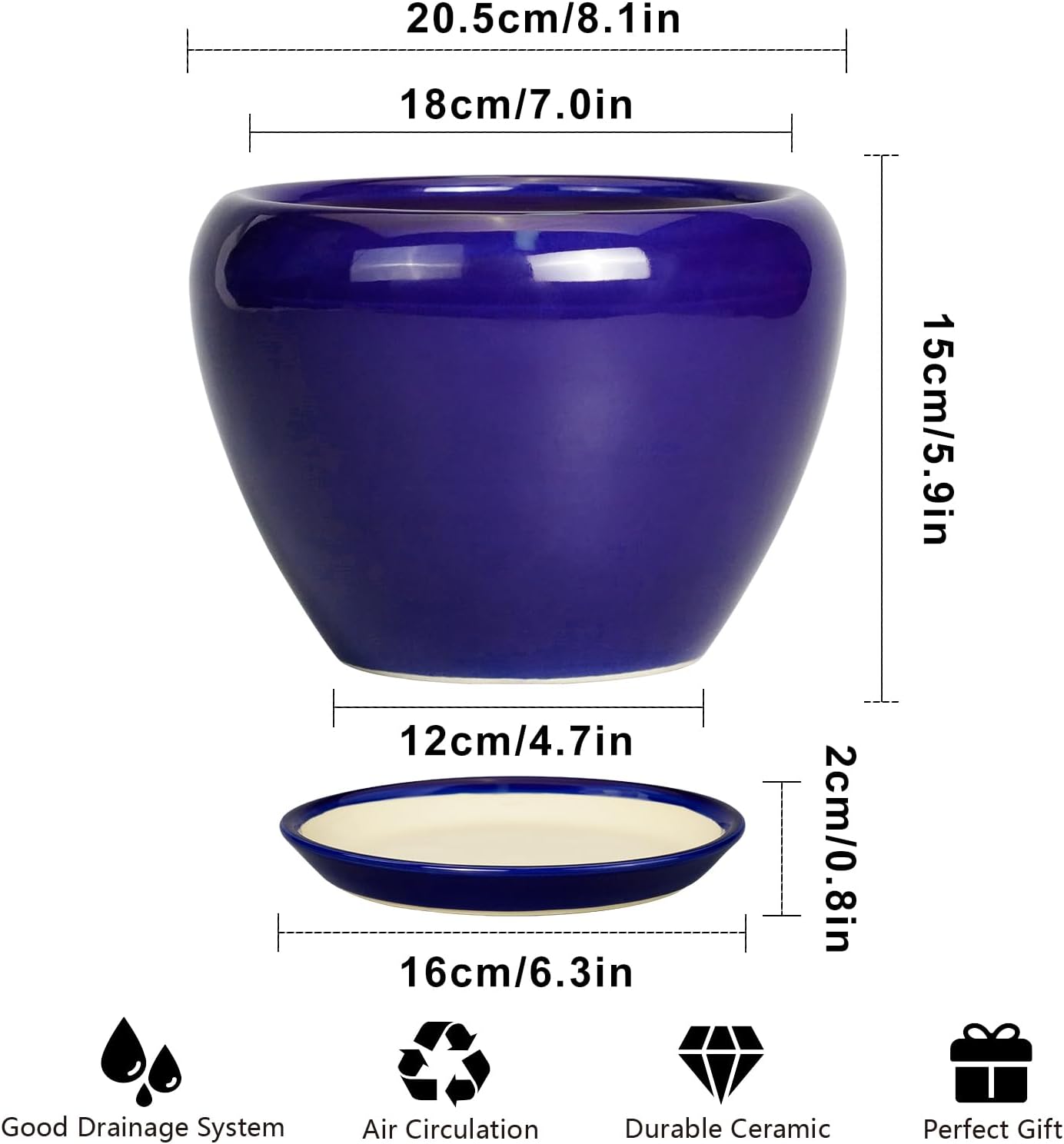 Ceramic Plant Pot 8 Inch - Planter for Outdoor Plants Indoor Plant Pot with Drainage Hole and Saucer Decorative Round Planter Modern Flower Pot for House Decor Blue