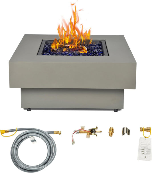 32.5-inch Fire Table with Natural Gas Conversion Kit, 50,000BTU Outdoor Modern Patio Fire Pit Table w/Square Burner Lid, Glass Rocks, Cover