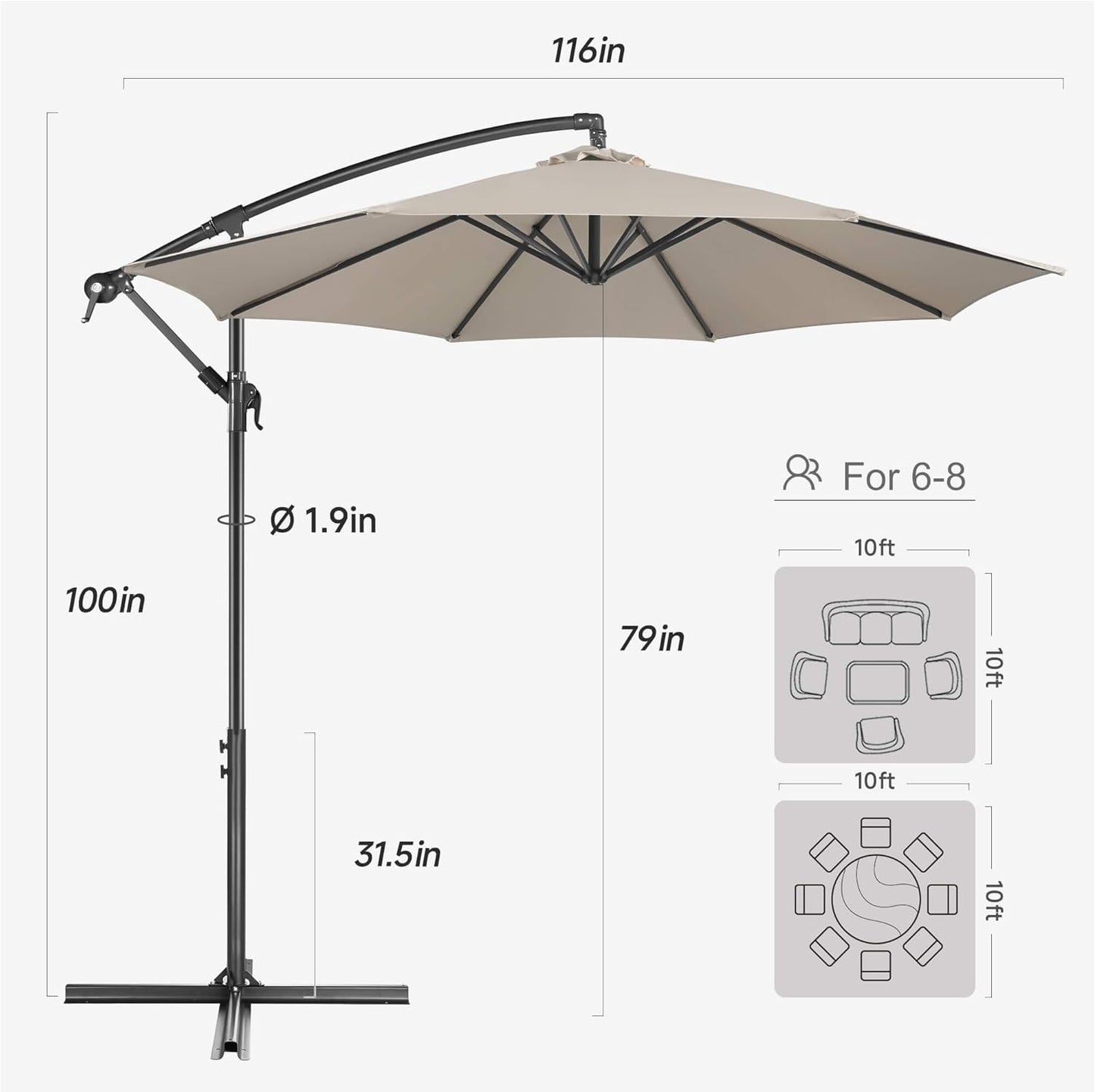 FLAME&SHADE 10ft Cantilever Patio Umbrella Outdoor, Large Offset Umbrella with Crank and Cross Base, UPF 50+ UV Protection Hanging Umbrella for Pool Deck Garden, Taupe