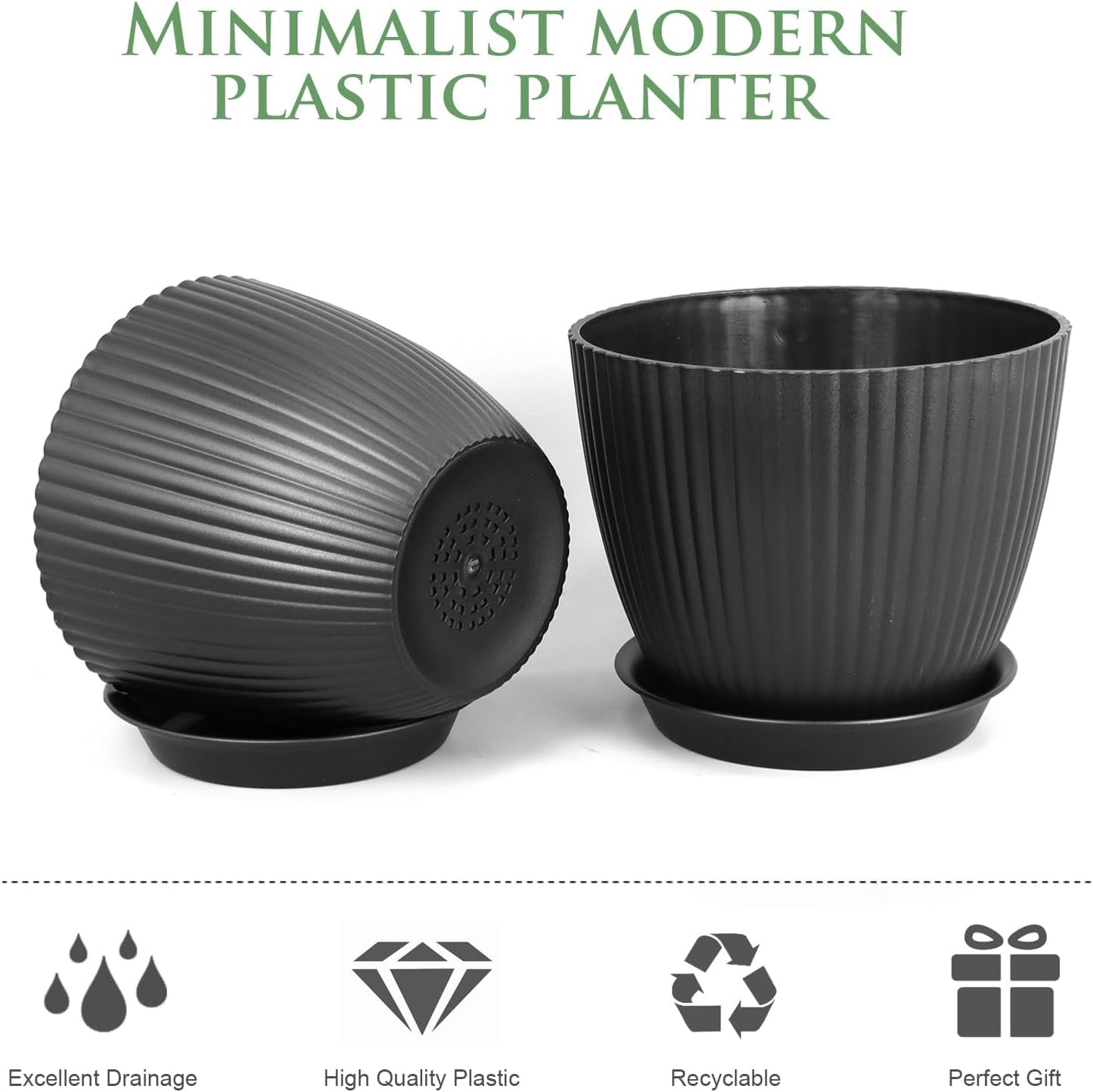 7/6.2/5.5/5/4.5/4 inch Flower Pots, 6 Pack Plant Pots for Small Indoor Outdoor Plants, Plastic Planters with Drainage Holes and Saucers for Garden Succulent House Plants, Black