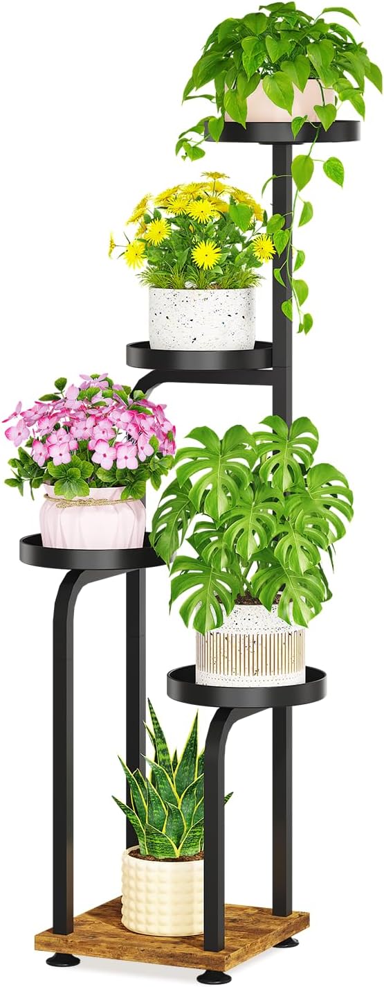 LASZOLA Black 5 Tiered Tall Plant Stand Indoor with Heavy Duty Metal Tray, Large Multi Level Vertical Planter Rack for Narrow Corner, Sturdy Rustic Tall Orchid Flower Shelving Holder for House Decor