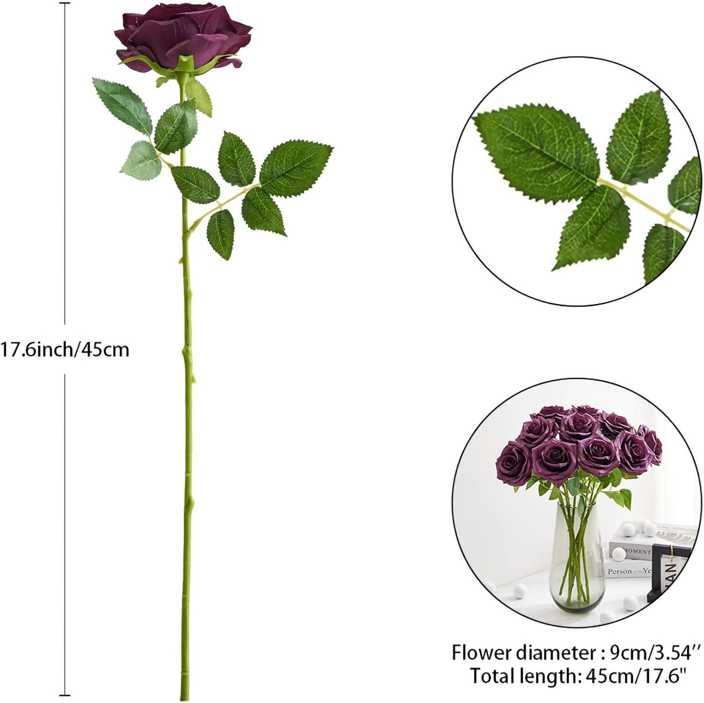 Plum Artificial Rose 10pcs Open Flower Bouquet Faux Rose Stems for Wedding Arrangement, Bridal Bouquet, Centerpiece, Fake Faux Silk Flowers