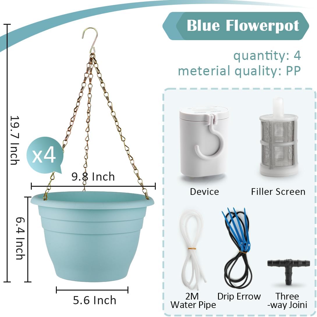 Hanging Planters 10 Inch, 4 Pcs Flower Pots Automatic Watering System Set, Self Watering Hanging Basket with Drainage Hole for Indoor Outdoor Plants, Decor, Blue