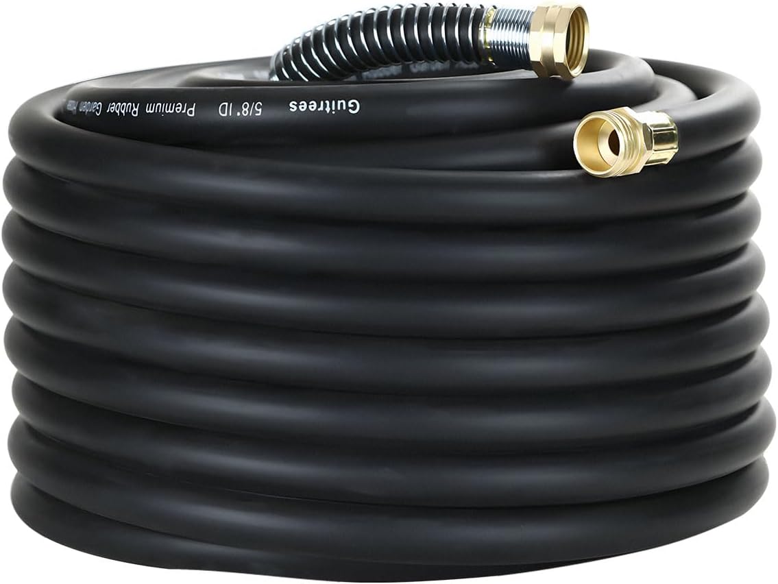 75FT 5/8 Heavy Duty Rubber Garden Hose - 200psi Working, 1000psi Burst - Hot/Cold Water - Five-Layered Braiding for Durability - Versatile for Gardening, Agriculture, Construction(Black)