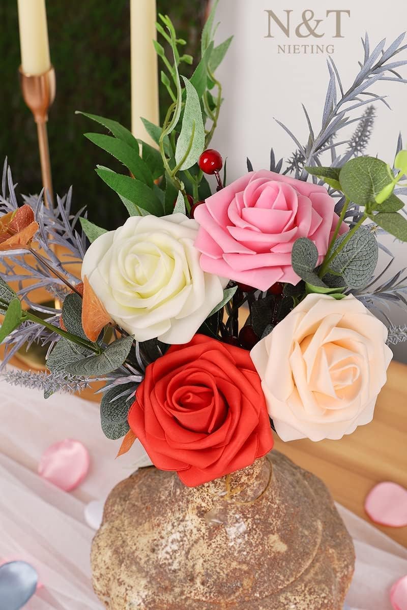 N&T NIETING Artificial Flowers 25pcs Real Looking Artificial Roses with Stems for Valentine's Day Mother's Day Wedding Bridal Bouquet Party Baby Shower Cake Decoration, Series Red