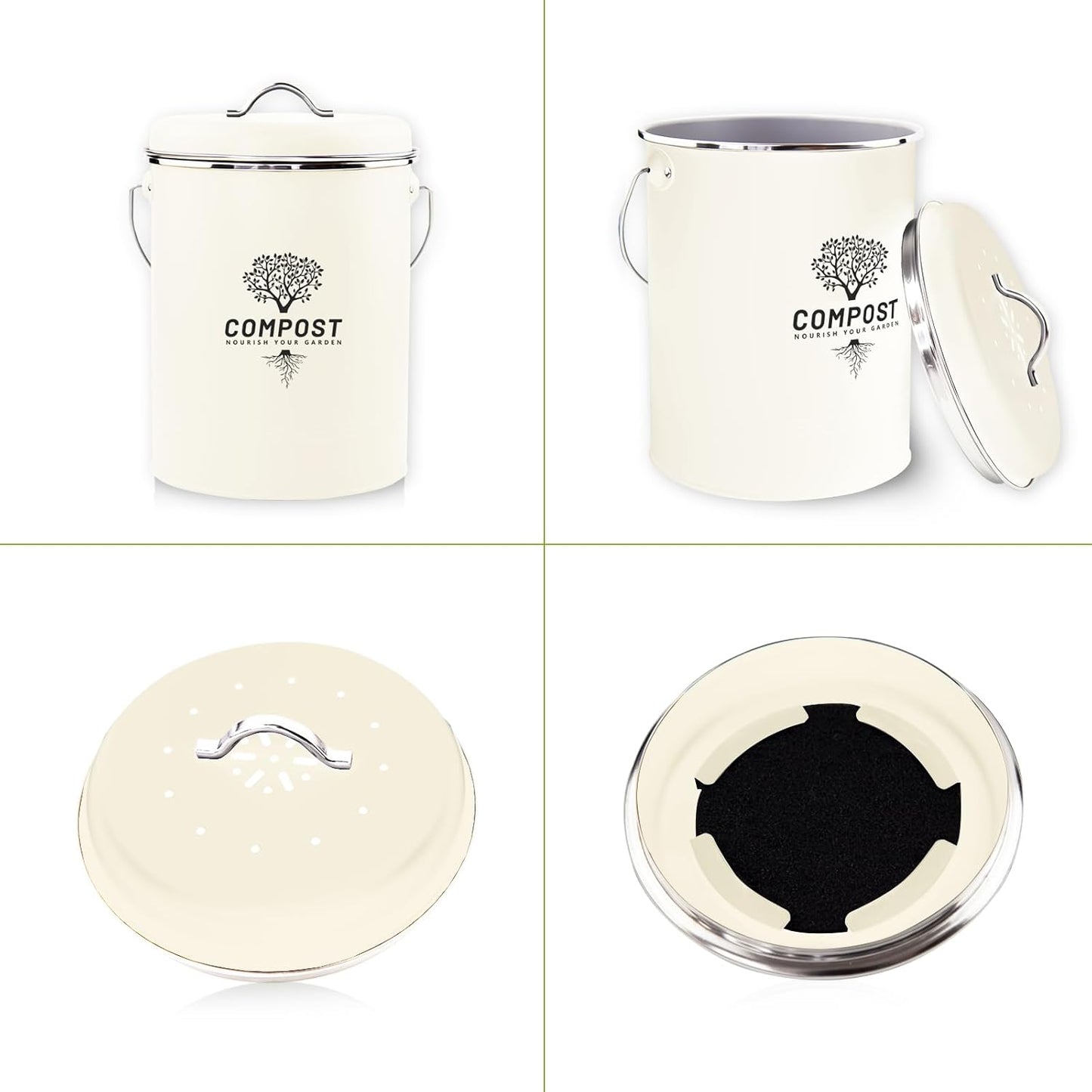 Kitchen Countertop Compost Bin, Odor Resistant Indoor Compost Bin with Lid and Charcoal Filter, Rust Resistant Coated Compost Bucket, Compost Container, Cream