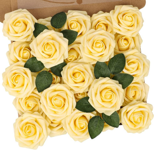 N&T NIETING Artificial Flowers, 25Pcs Fake Flowers Goose Yellow Roses Perfect for DIY Wedding Bouquets Centerpieces Bridal Shower Party Home Flower Arrangement Decorations