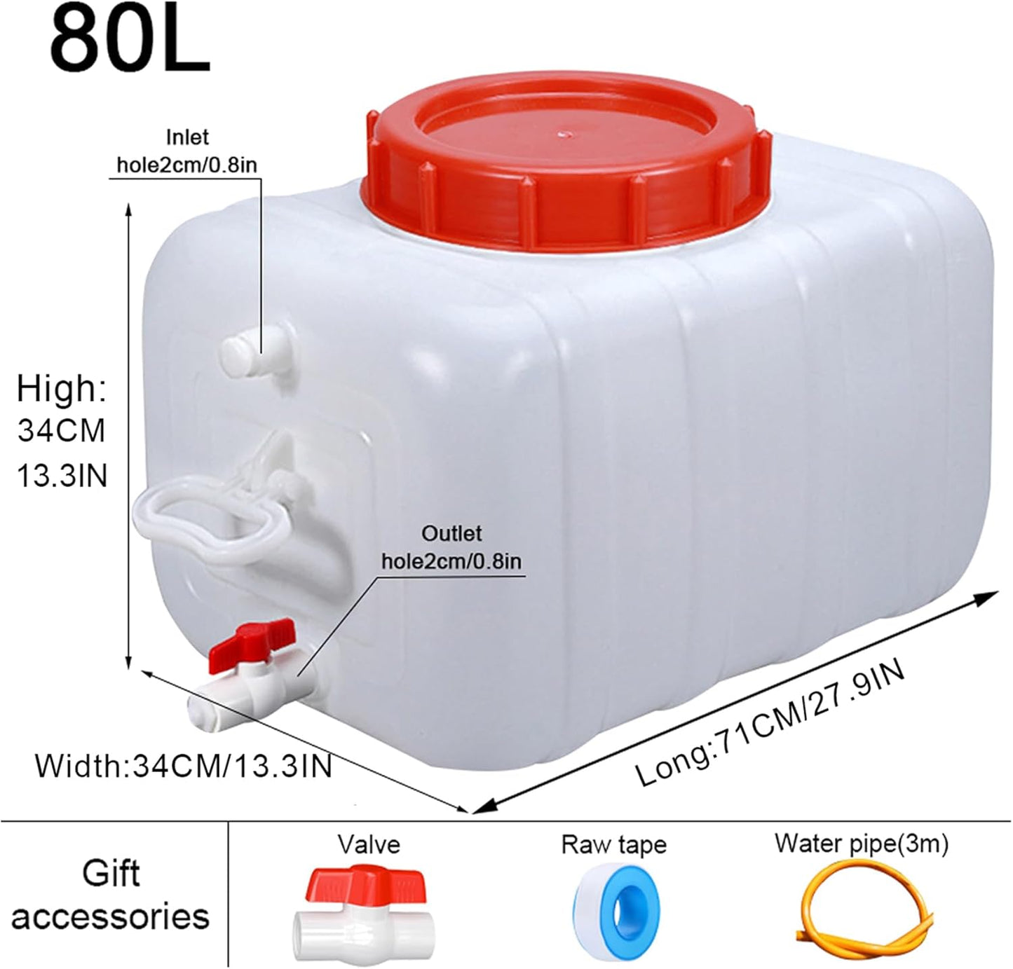 Large Capacity Water Container with Spigot Hose, Portable Water Storage Tank 52.8 Gallon No Leakage Camping Water Carrier for Emergency Vehicle Car Outdoor Hiking Picnic(Size:80L/21.1Gal)