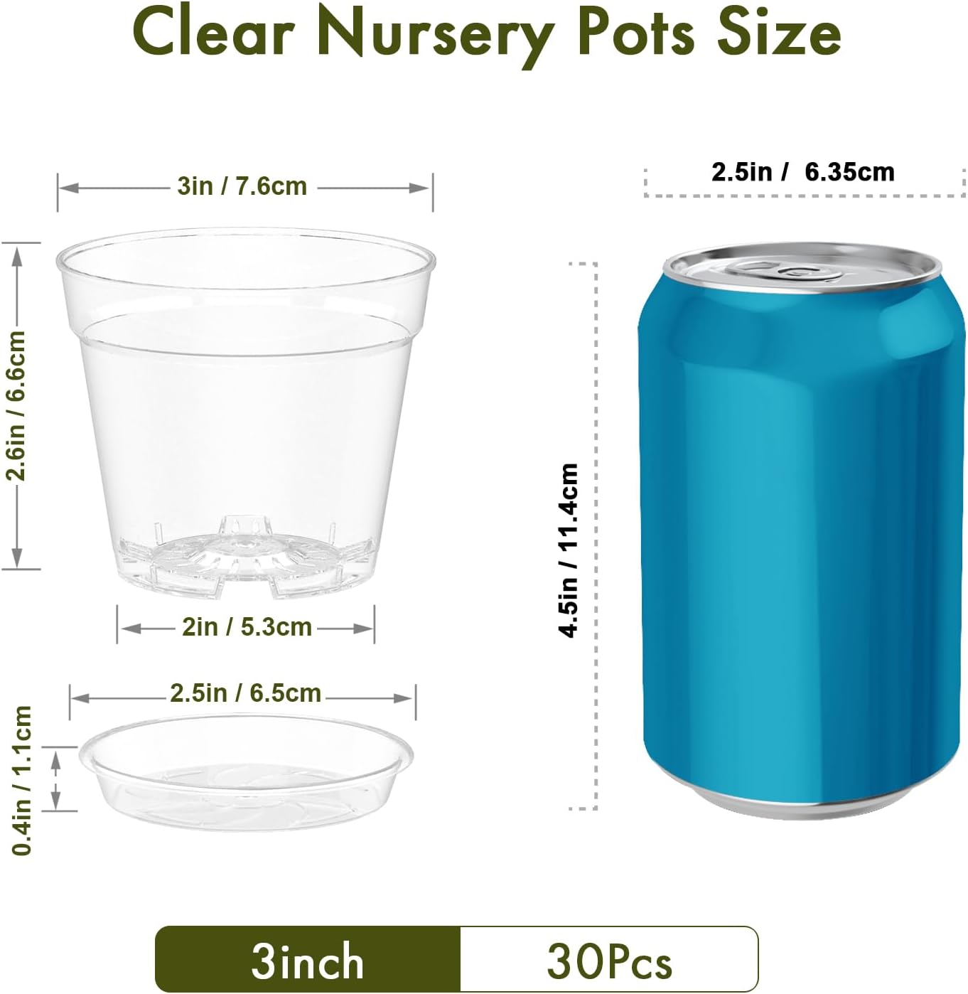 3 Inch Clear Nursery Pots, 30 Pack Highly Transparent Plastic Seedling Starter Planters with Drainage Holes and Trays for Flowers, Small Plant Pots for Indoor Plants