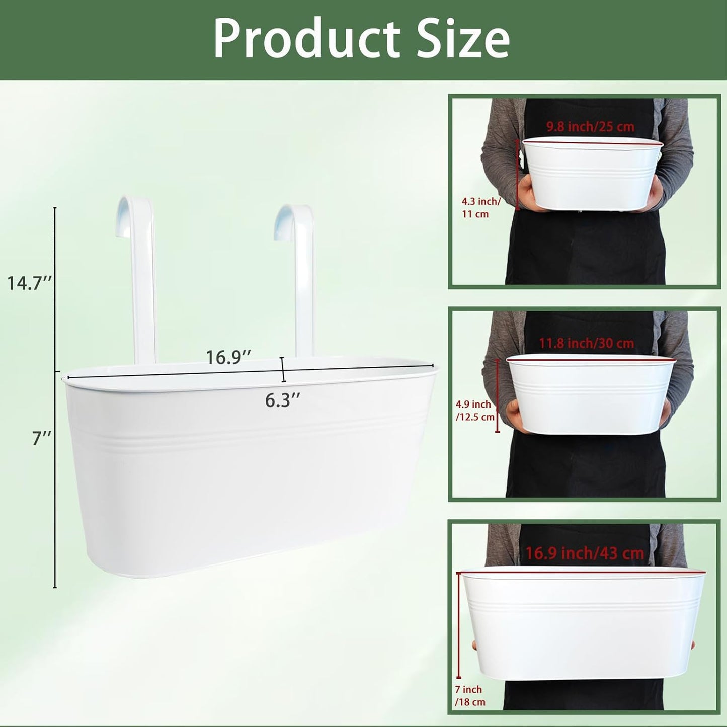 Hanging Planters for Outdoor Plants, 17" Railing Planter Pots, Metal Fence Flower Pot for Porch Balcony with Detachable Hook (White, Pack of 6)