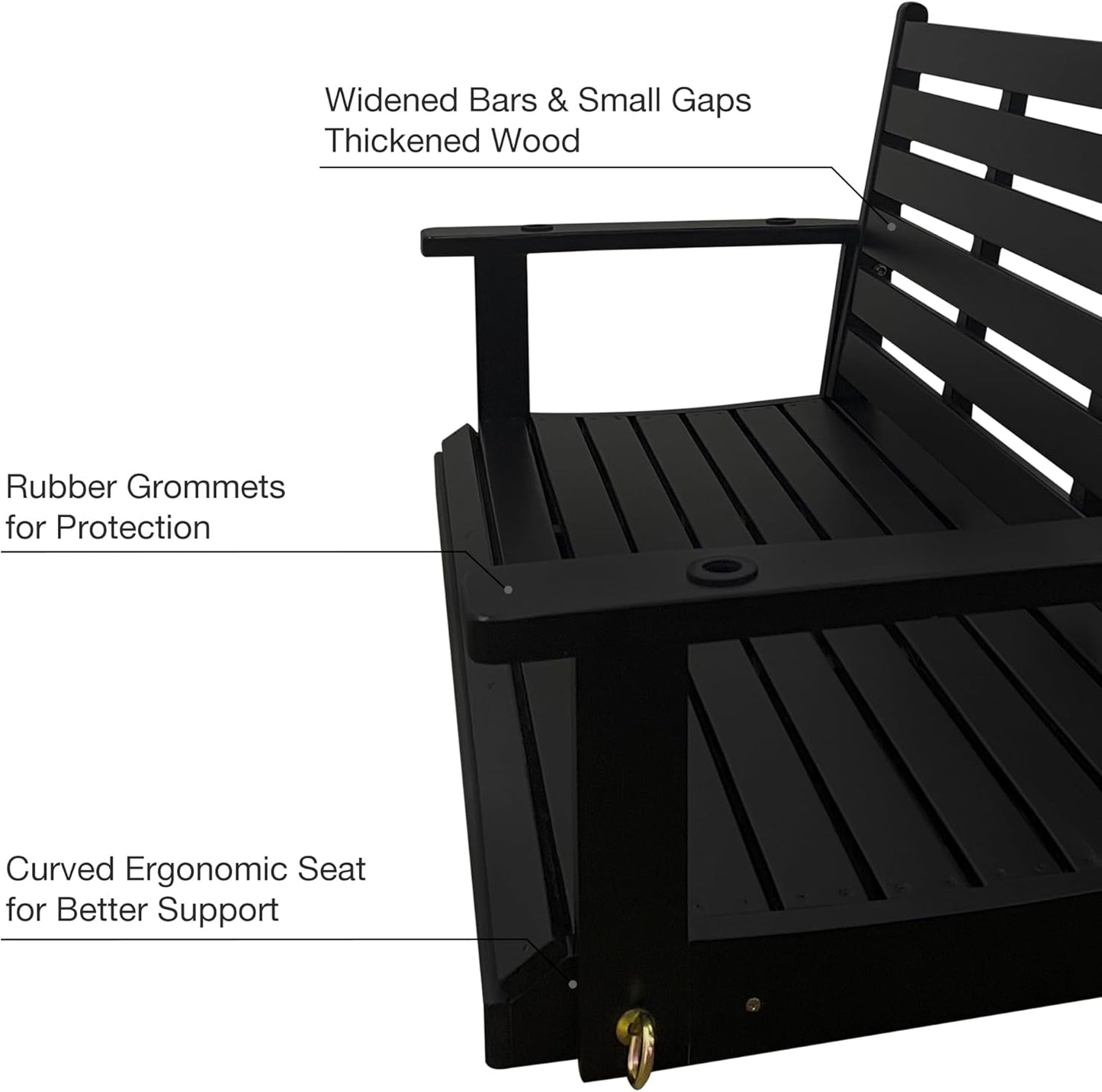 Wooden Porch Swing, Ergonomic Seat, Bench Swing with Hanging Chains and 7mm Springs, Heavy Duty 880 LBS, for Outdoor Patio Garden Yard (Matte Black, 2-Seater Extra Large)