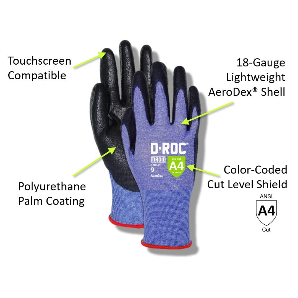 MAGID D-ROC ANSI A4 AeroDex Polyurethane Palm Coated Work Gloves, 12 Pairs, Size 5/2XS, GPD482